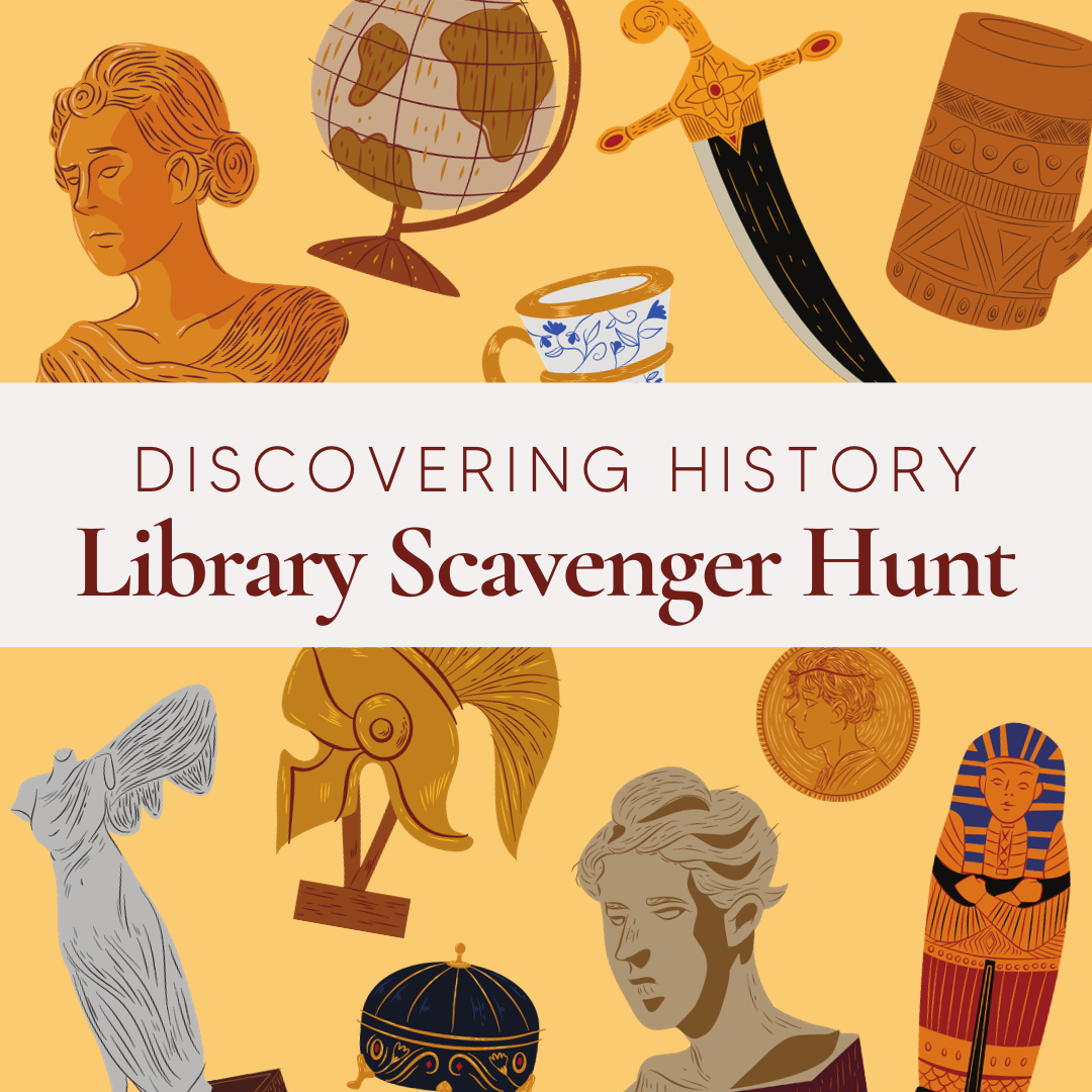 Clip art of historical objects and people with words: Discovering History: Library Scavenger Hunt